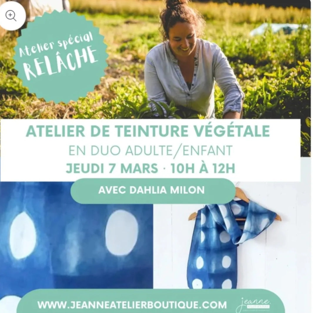 Atelier de teinture végétale en duo adulte/enfant. Réserver sur le site de Jeanne atelier-boutique